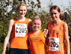 Durham City Harriers, from left to right: Kim Simpson, Katherine O'Mahony and Rosie Smith after finishing 3rd in the Senior Women's, Northern Cross Country Relay, Graves Park, Sheffield